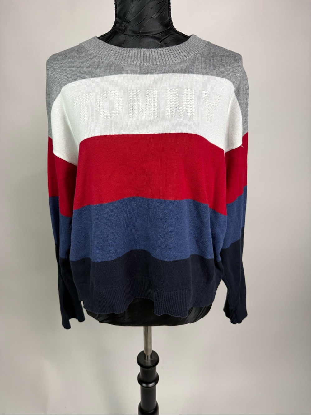 Tommy Hilfiger Gray White Red Blue Crewneck Colorblock Sweater